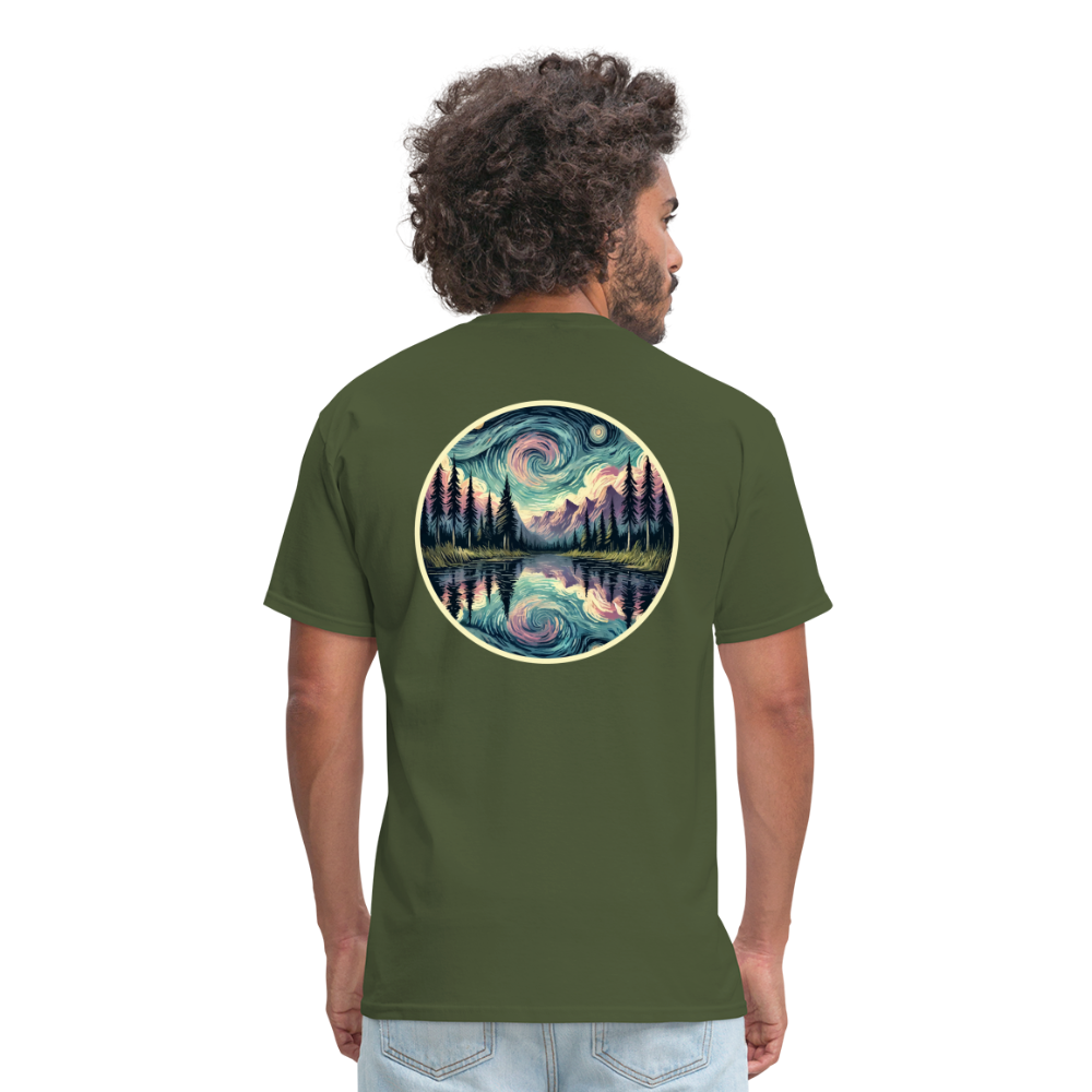 Purple Swirling Sky Reflected on Lake Graphic Unisex Classic T-Shirt with Logo - military green