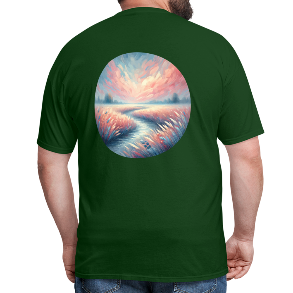 River Meadow Graphic Unisex Classic T-Shirt with Logo - forest green