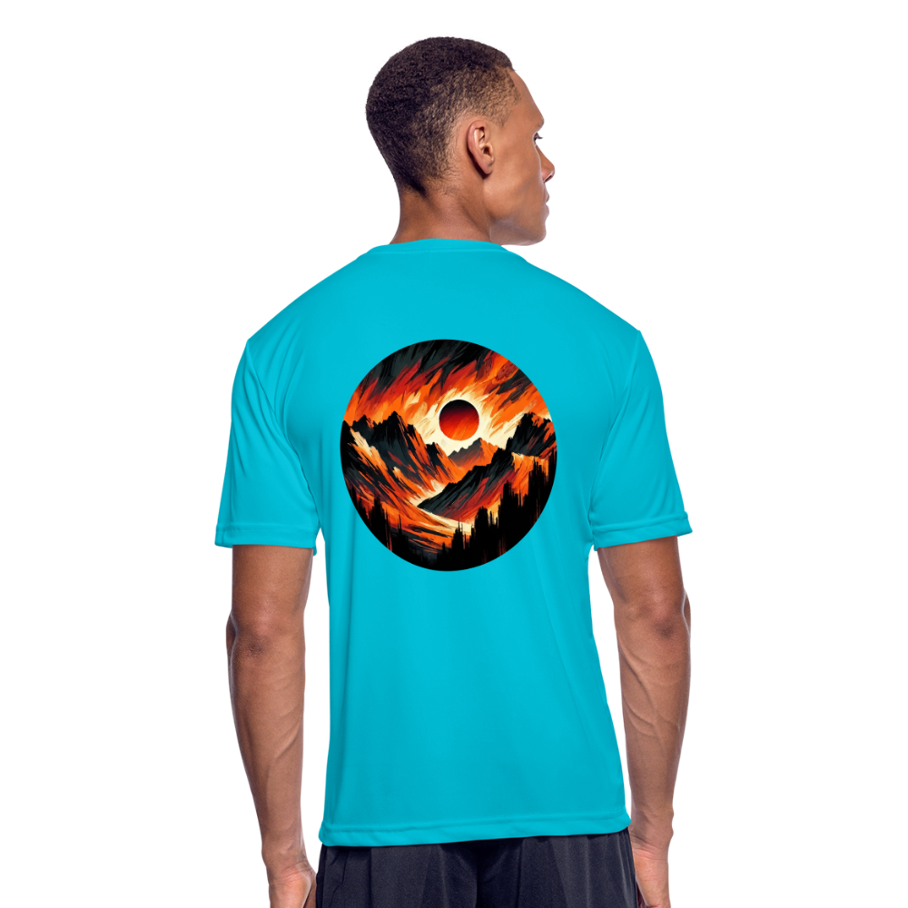 Men’s Orange and Black Mountain Range Graphic Moisture Wicking Performance T-Shirt with Logo - turquoise