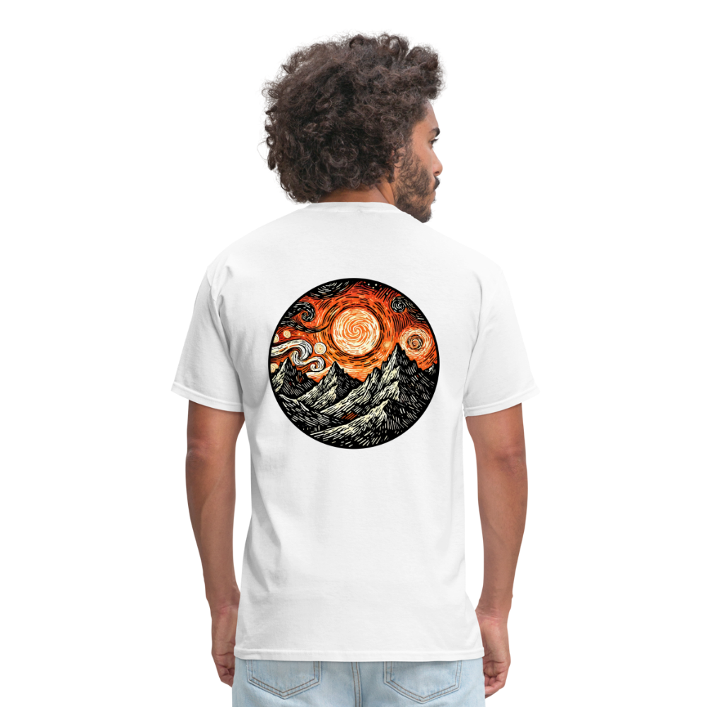 Orange Swirling Mountains Graphic Unisex Classic T-Shirt with Logo - white