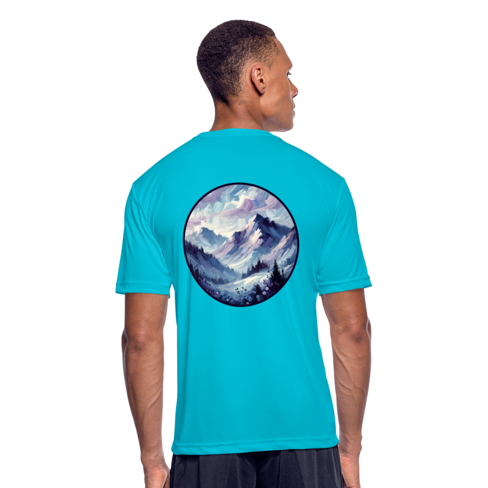 Men’s Lavender Blue Mountain Range Graphic Moisture Wicking Performance T-Shirt with Logo - turquoise