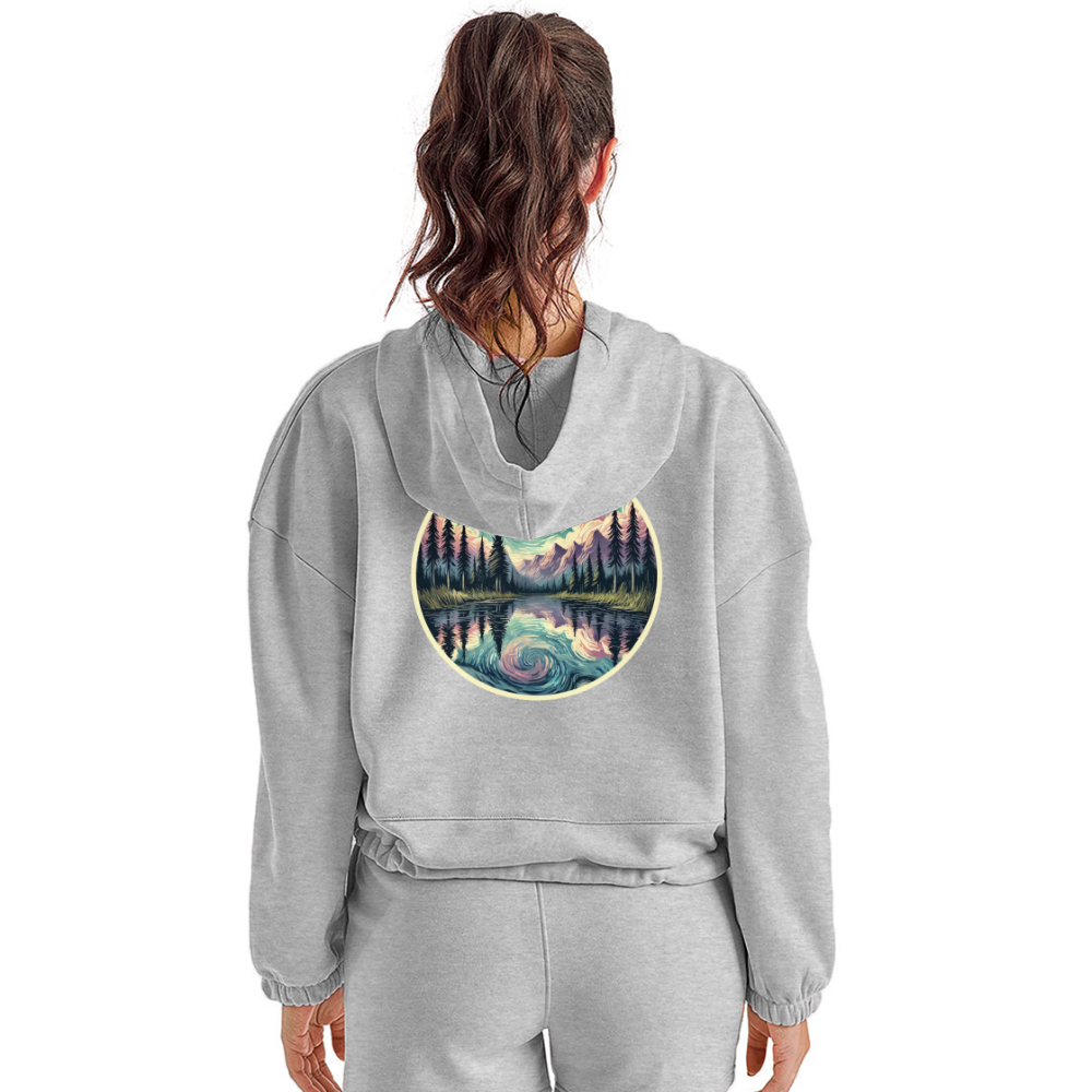 Women’s Purple Swirling Sky Reflected on Lake Graphic Cropped Hoodie with Logo - heather gray