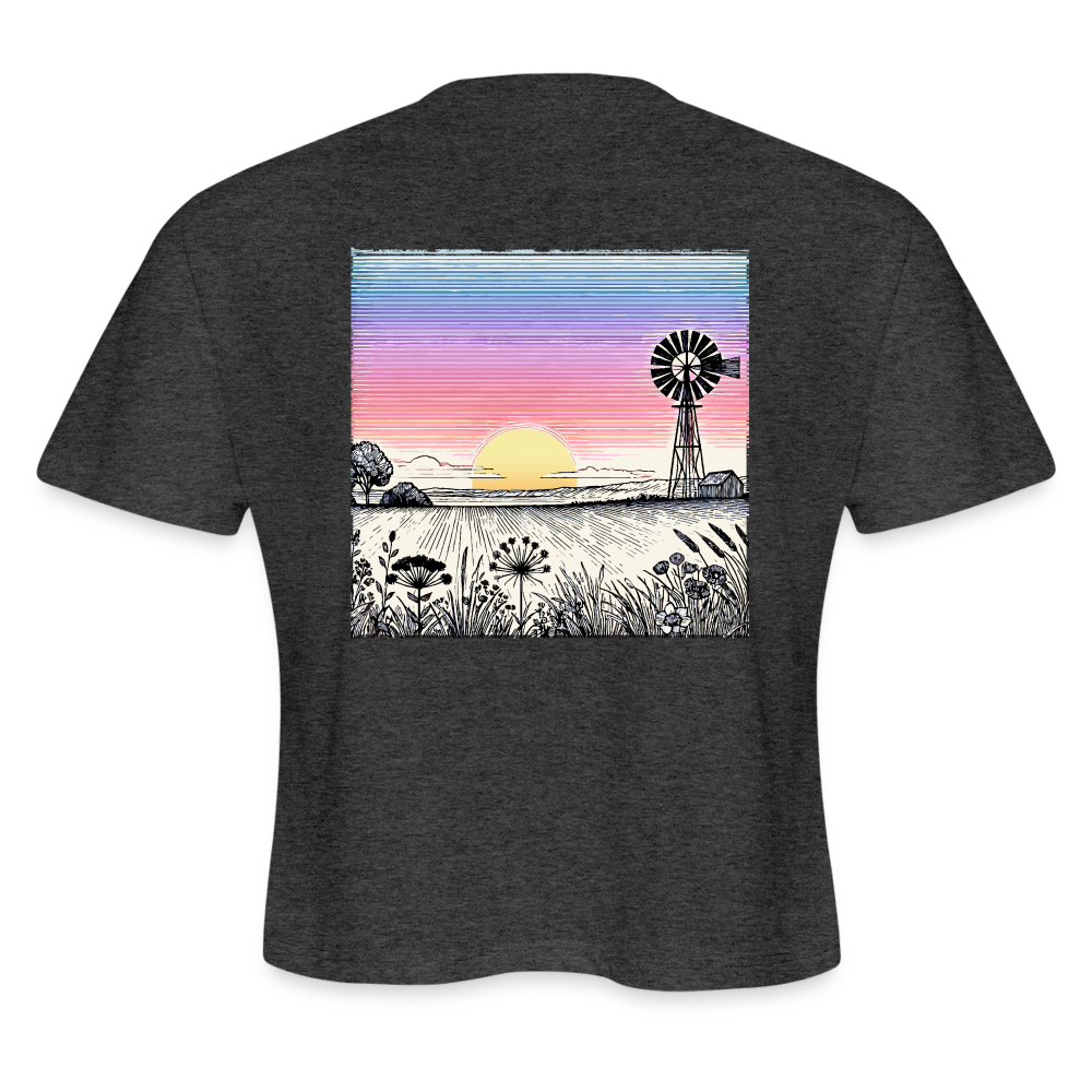 Women's Colored Prairie Landscape Graphic Cropped T-Shirt with Logo - deep heather