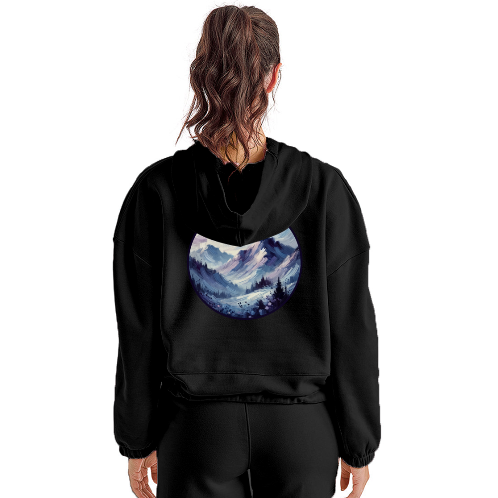 Women’s Lavender Blue Mountain Range Graphic Cropped Hoodie with Logo - black