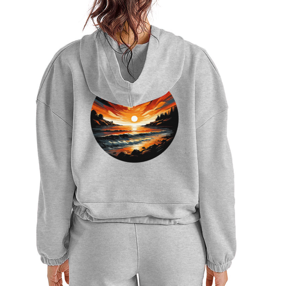 Women’s Beach Sunset Graphic Cropped Hoodie with Logo - heather gray