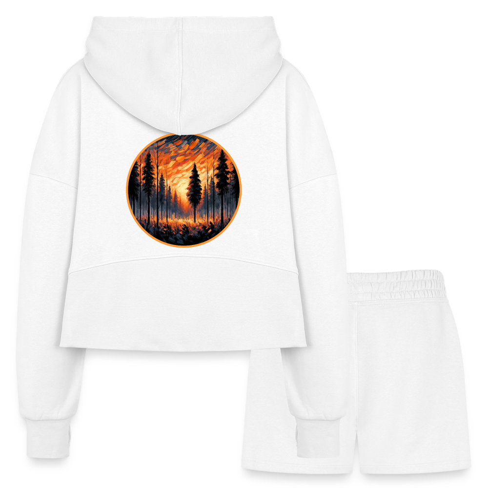 Women’s Orange Forest Sunset Graphic Half Zip Cropped Hoodie & Jogger Short Set with Logo - white