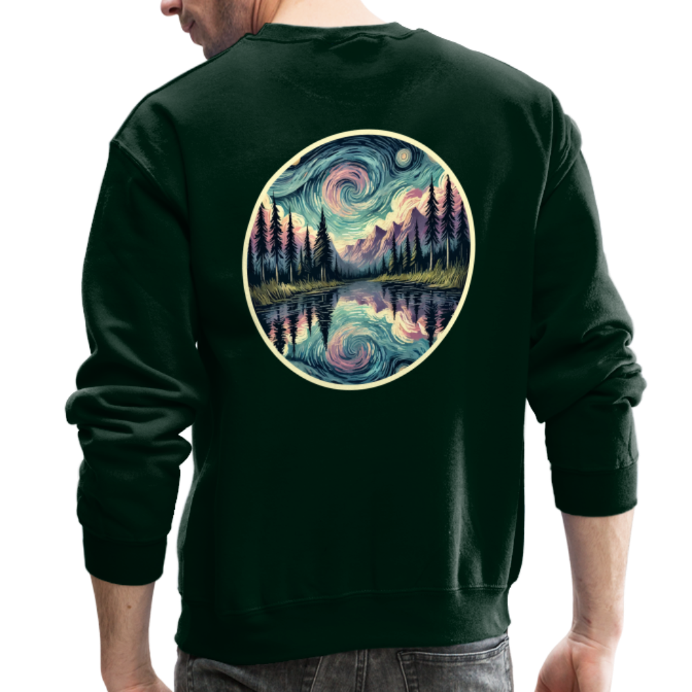 Purple Swirling Sky Reflected on Lake Graphic Crewneck Sweatshirt with Logo - forest green