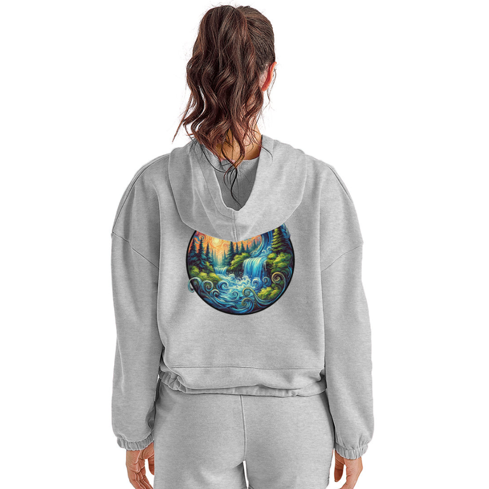 Women’s Waterfall Graphic Cropped Hoodie with Logo - heather gray