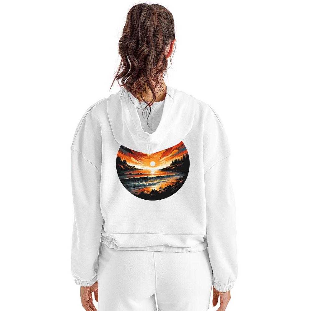 Women’s Beach Sunset Graphic Cropped Hoodie with Logo - white