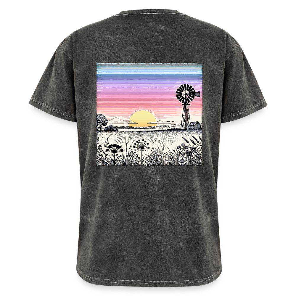 Colored Prairie Landscape Graphic Unisex Mineral Wash T-shirt with Logo - mineral charcoal gray