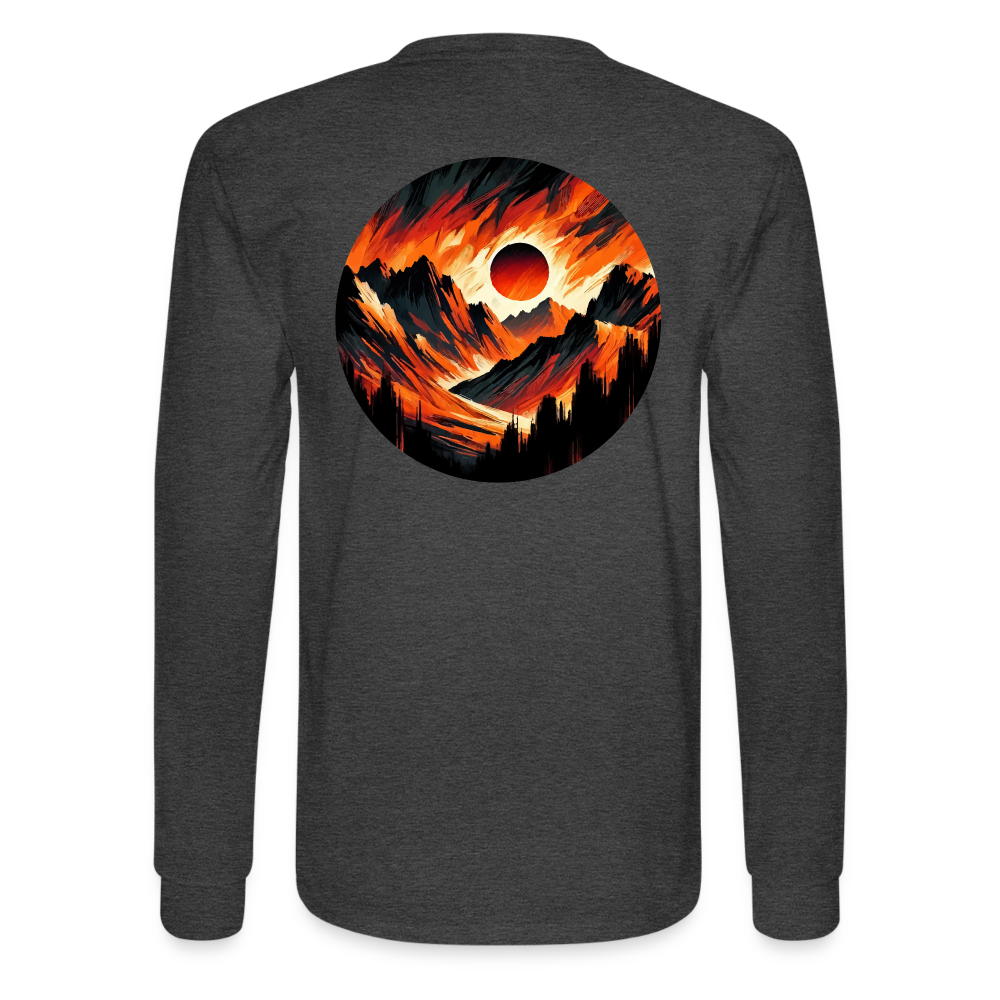 Men's Orange and Black Mountain Range Graphic Long Sleeve Shirt with Logo - heather black