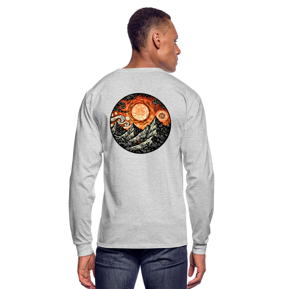 Men's Orange Swirling Mountains Graphic Long Sleeve Shirt with Logo - heather gray