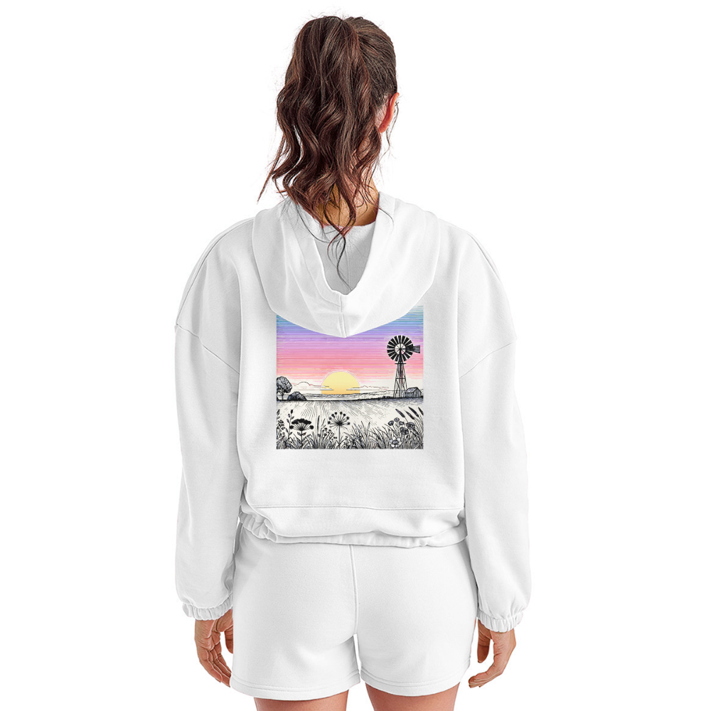 Women’s Colored Prairie Landscape Graphic Cropped Hoodie with Logo - white