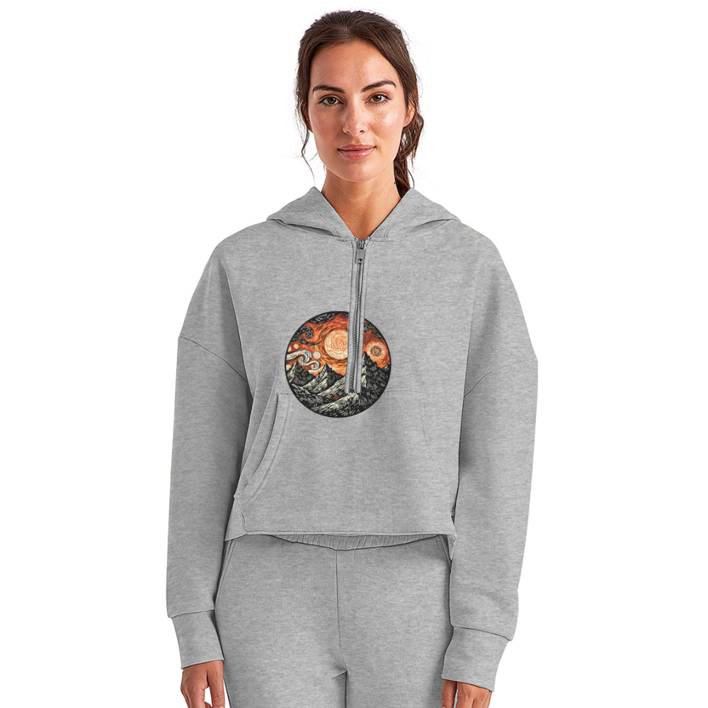 Women's Orange Swirling Mountains Graphic Half Zip Cropped Hoodie with Logo - heather gray