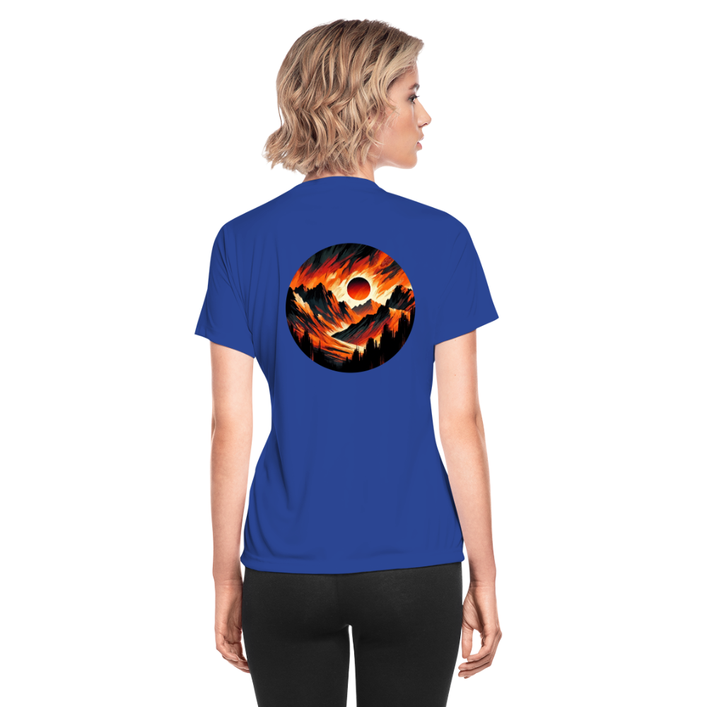 Women's Orange and Black Mountain Range Graphic Moisture Wicking Performance T-Shirt with Logo - royal blue