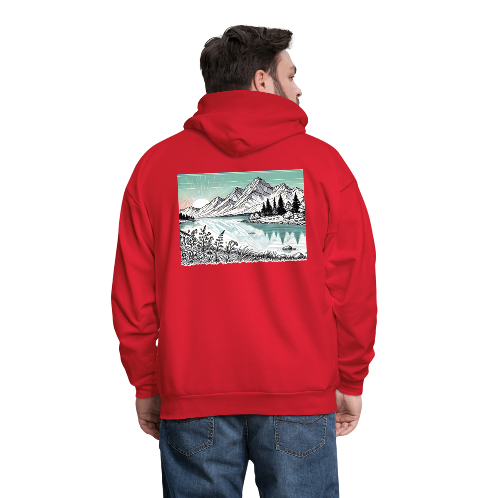 Men's Colored Mountain Lake Landscape Graphic Hoodie with Logo - red