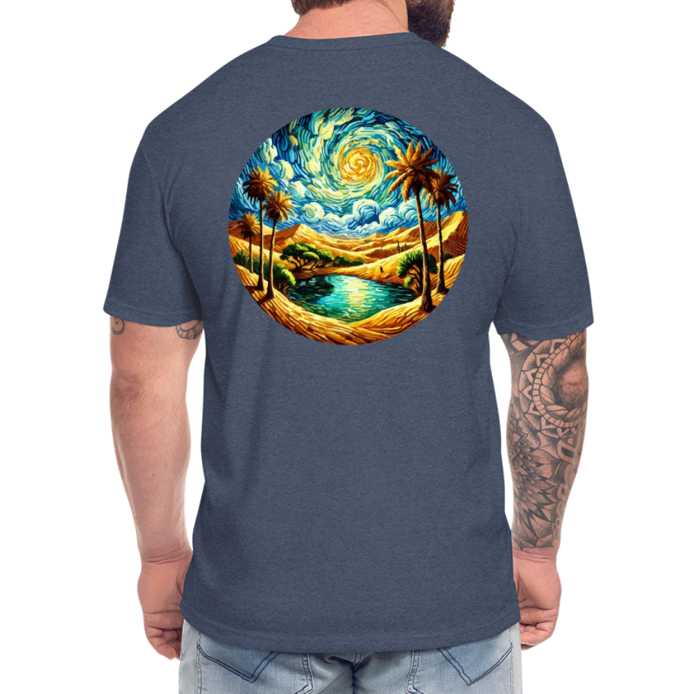 Desert Oasis Graphic Unisex Fitted Cotton/Poly T-Shirt with Logo - heather navy