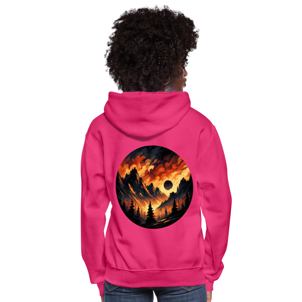 Women's Brushed Orange and Black Mountain Range Graphic Hoodie with Logo - fuchsia