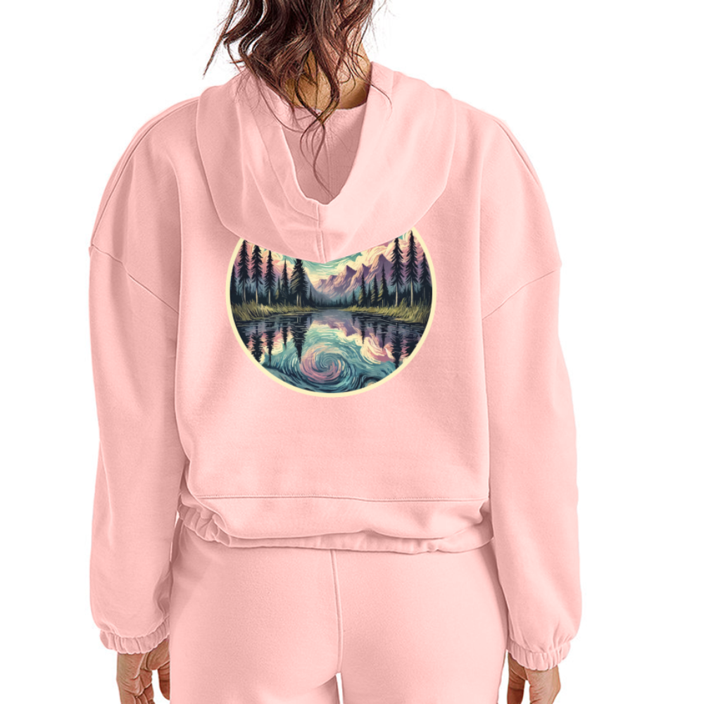 Women’s Purple Swirling Sky Reflected on Lake Graphic Cropped Hoodie with Logo - light pink