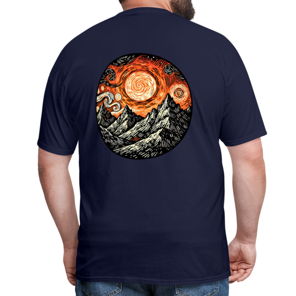 Orange Swirling Mountains Graphic Unisex Classic T-Shirt with Logo - navy