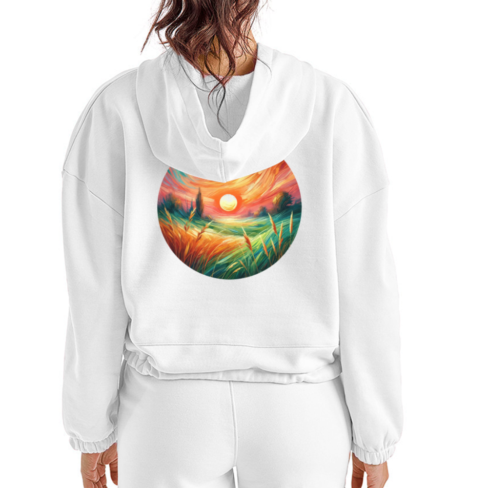 Women’s Pink Wheat Field Graphic Cropped Hoodie with Logo - white