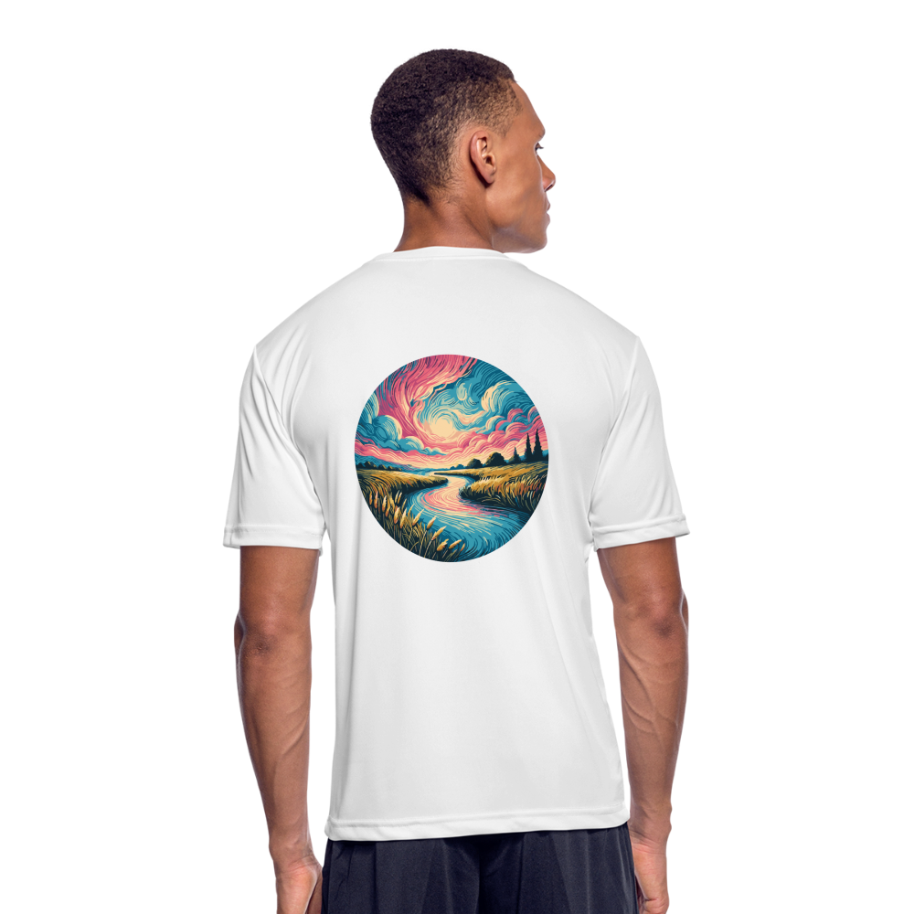 Men’s River Pink and Blue Sky Graphic Moisture Wicking Performance T-Shirt with Logo - white