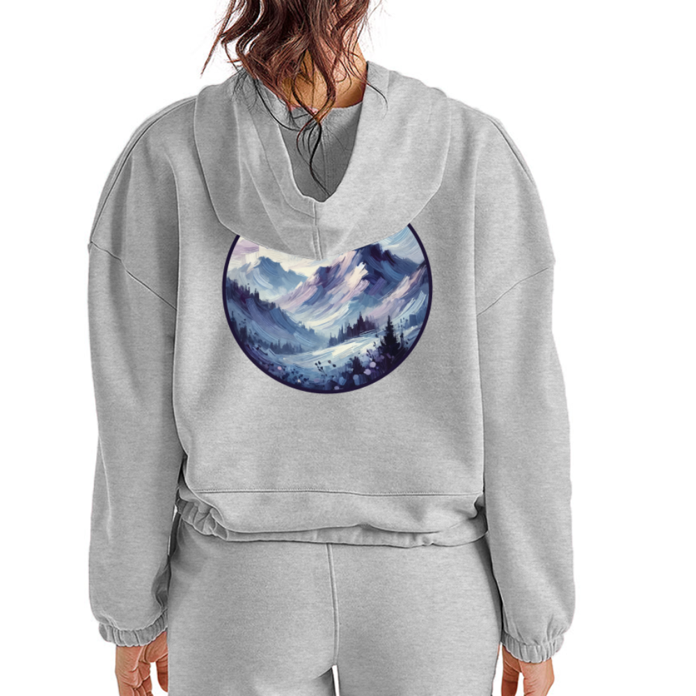 Women’s Lavender Blue Mountain Range Graphic Cropped Hoodie with Logo - heather gray