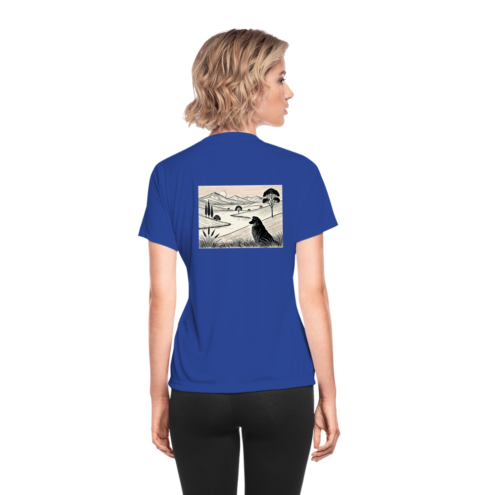 Women's Australian Shepherd Prairie Graphic Moisture Wicking Performance T-Shirt with Logo - royal blue