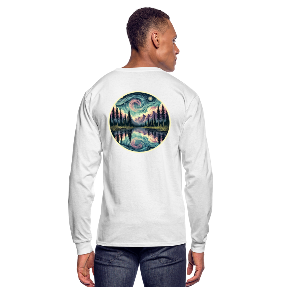 Men's Purple Swirling Sky Reflected on Lake Graphic Long Sleeve Shirt with Logo - white