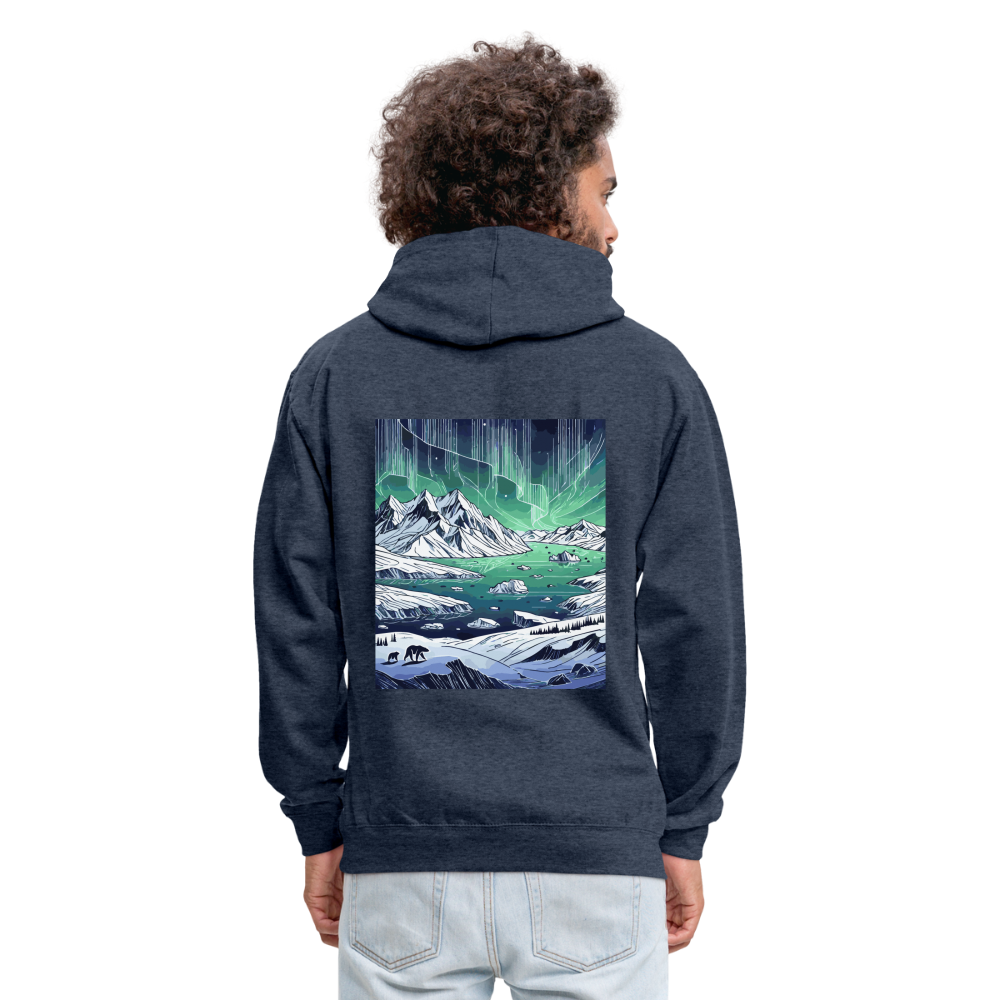 Colored Northern Lights Arctic Landscape Graphic Unisex Contrast Hoodie with Logo - indigo heather/asphalt