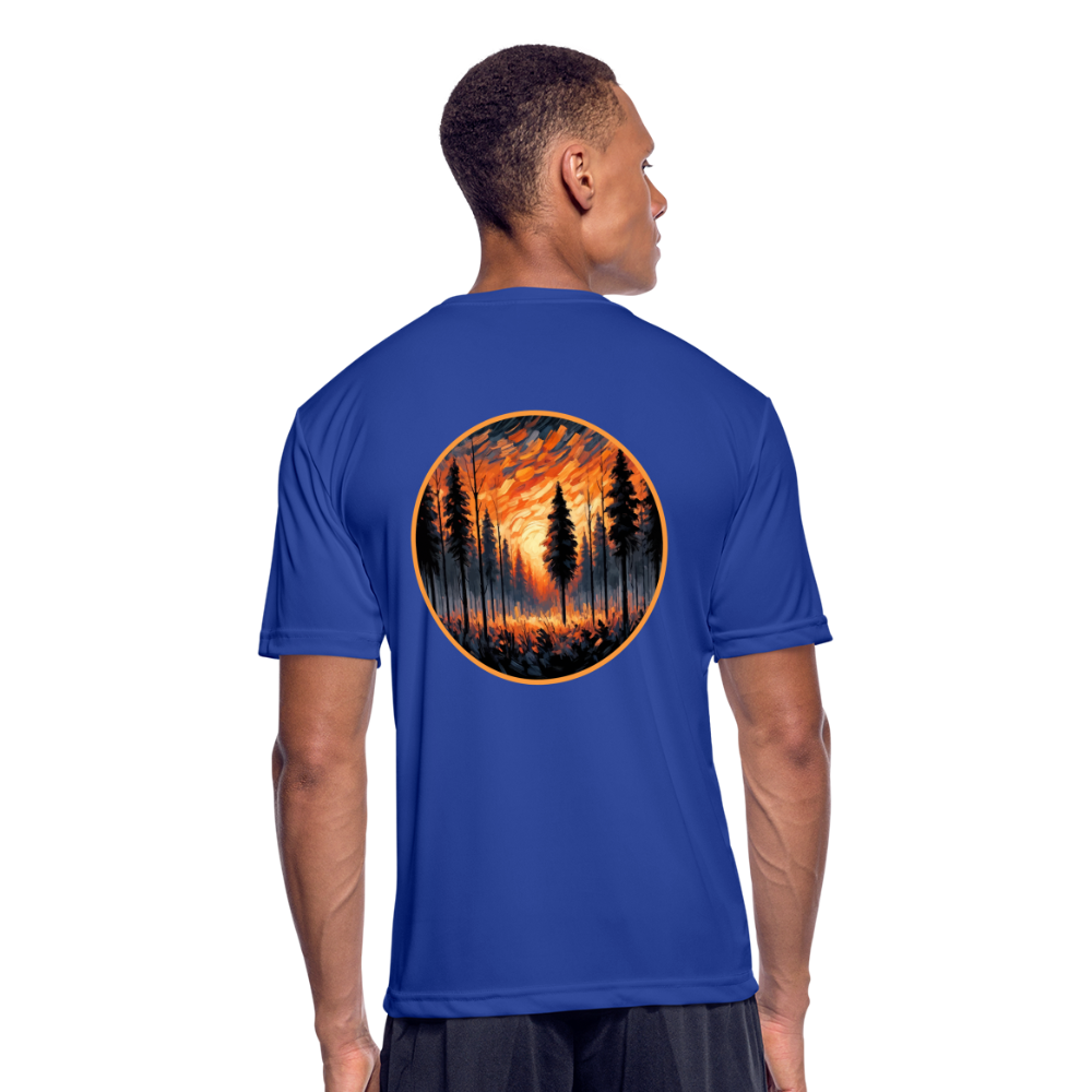 Men’s Orange Forest Sunset Graphic Moisture Wicking Performance T-Shirt with Logo - royal blue