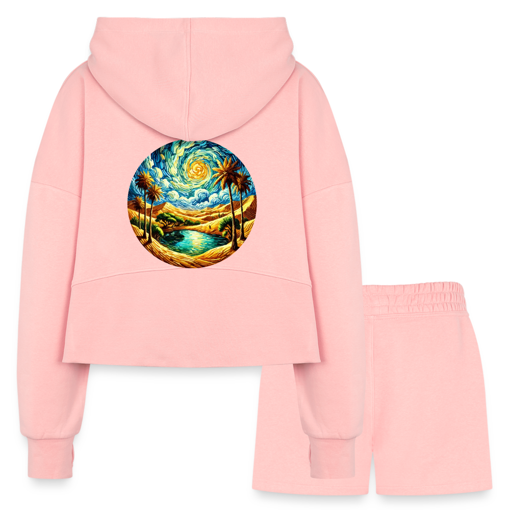 Women’s Desert Oasis Graphic Half Zip Cropped Hoodie & Jogger Short Set with Logo - light pink