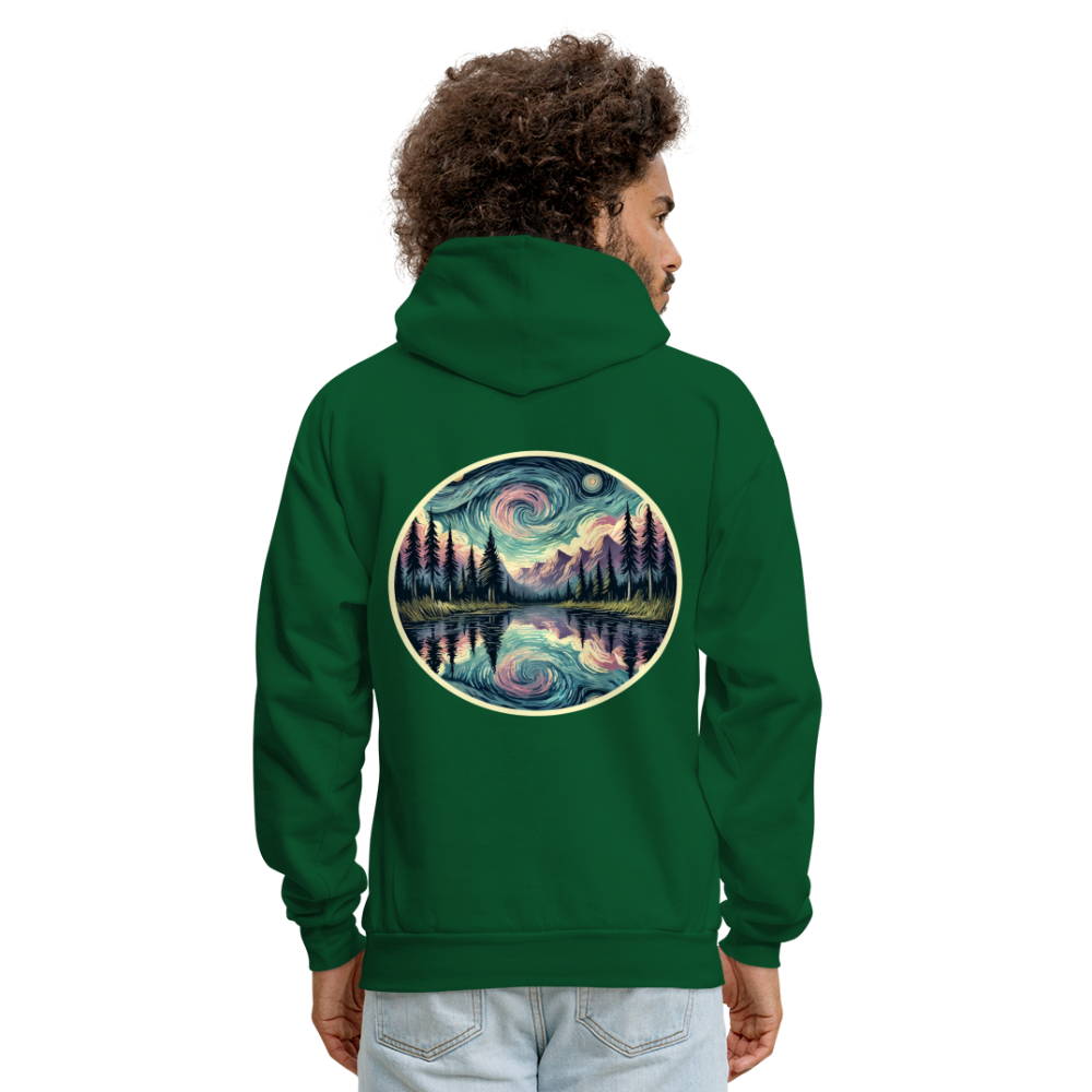 Men's Purple Swirling Sky Reflected on Lake Graphic Hoodie with Logo - forest green