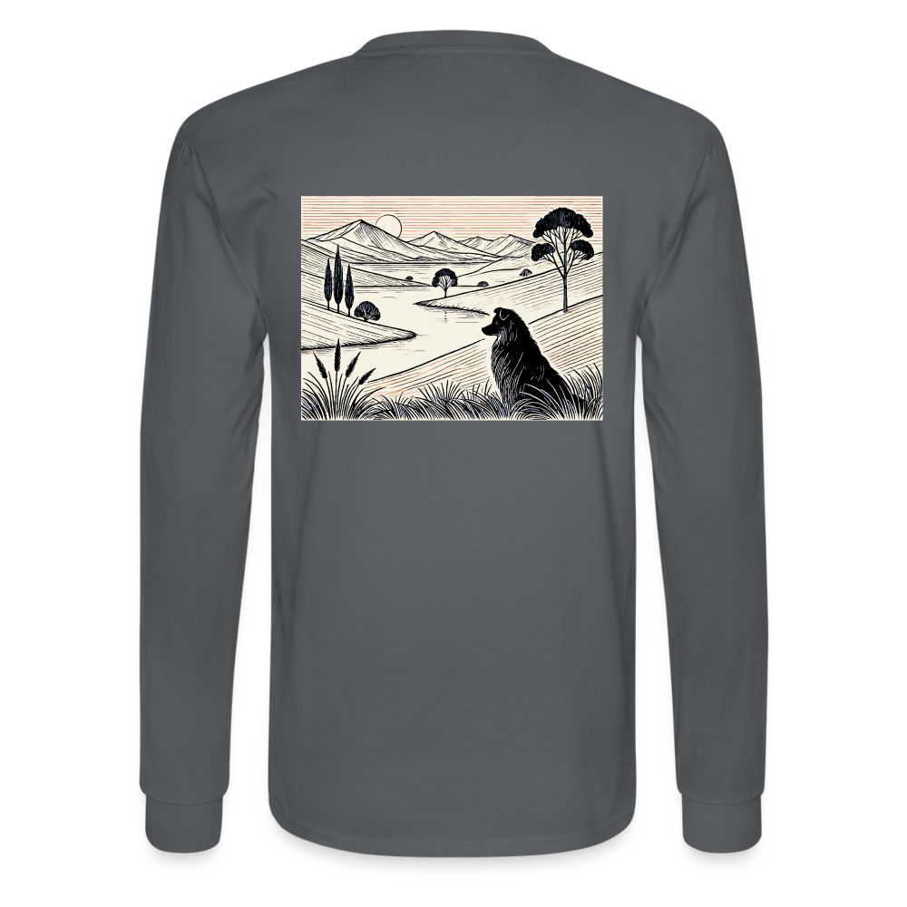 Men's Australian Shepherd Prairie Graphic Long Sleeve Shirt with Logo - charcoal