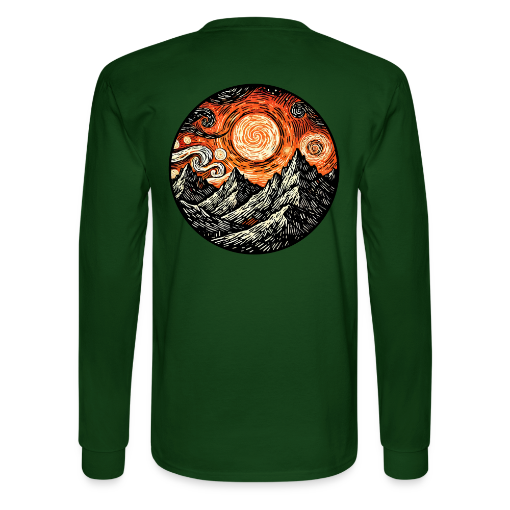 Men's Orange Swirling Mountains Graphic Long Sleeve Shirt with Logo - forest green