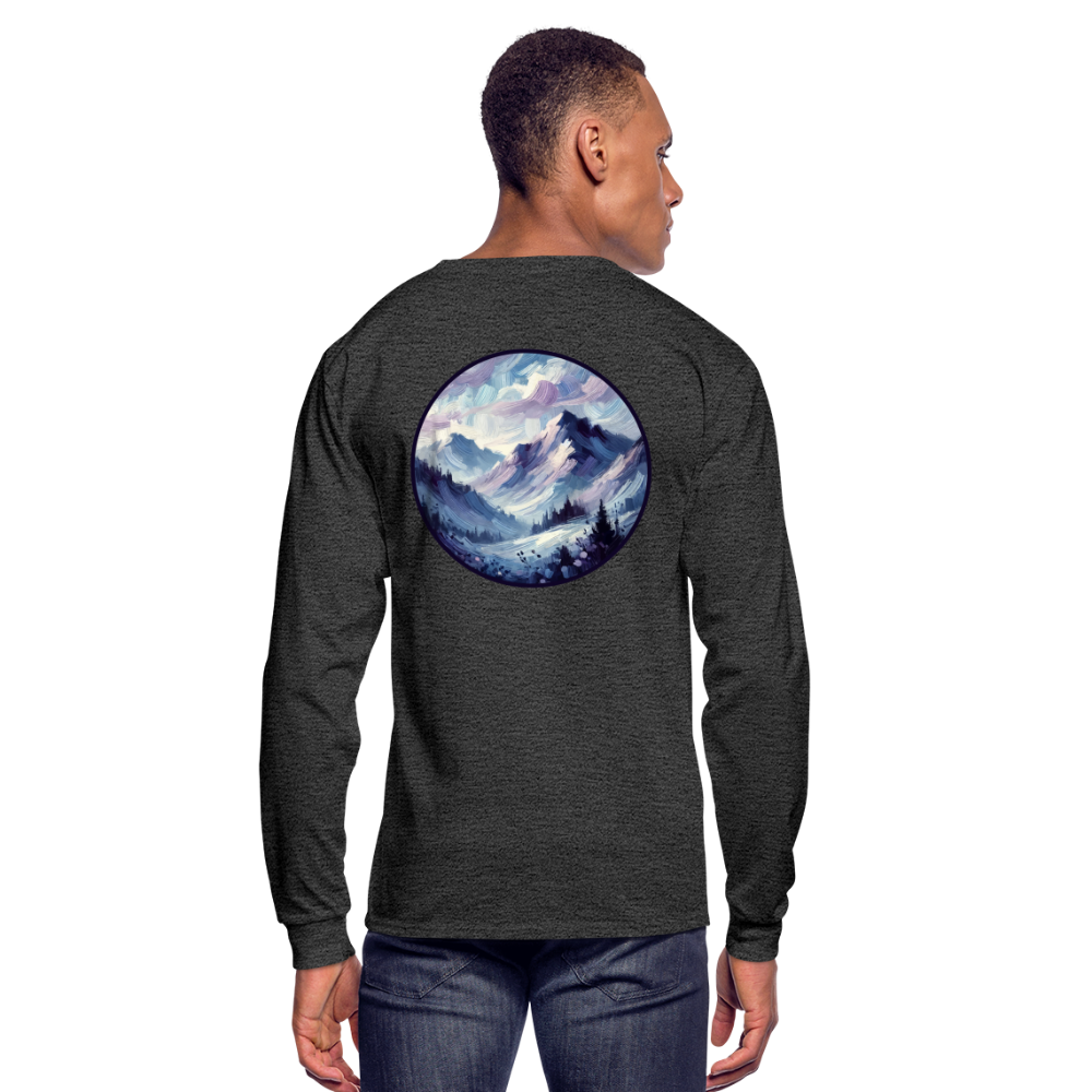 Men's Lavender Blue Mountain Range Graphic Long Sleeve Shirt with Logo - heather black