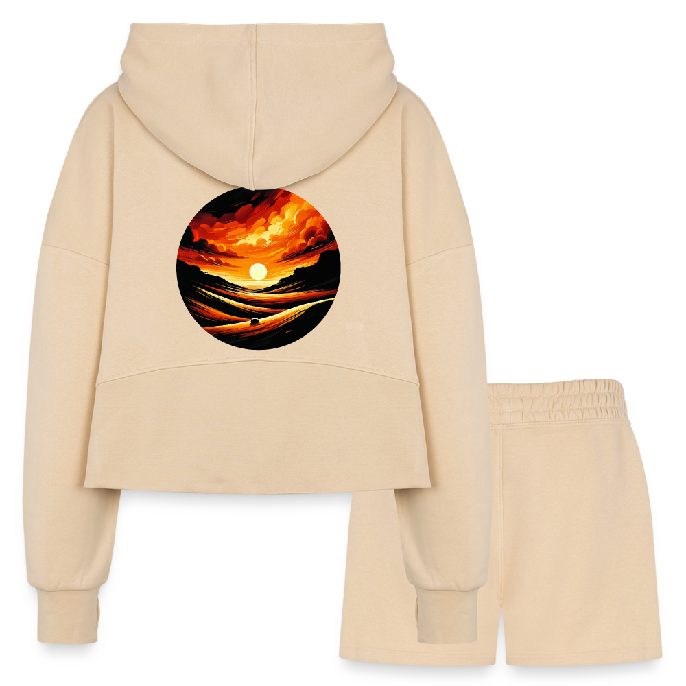 Women’s Desert Sunset Graphic Half Zip Cropped Hoodie & Jogger Short Set with Logo - nude