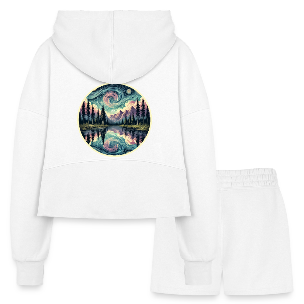 Women’s Purple Swirling Sky Reflected on Lake Graphic Half Zip Cropped Hoodie & Jogger Short Set with Logo - white