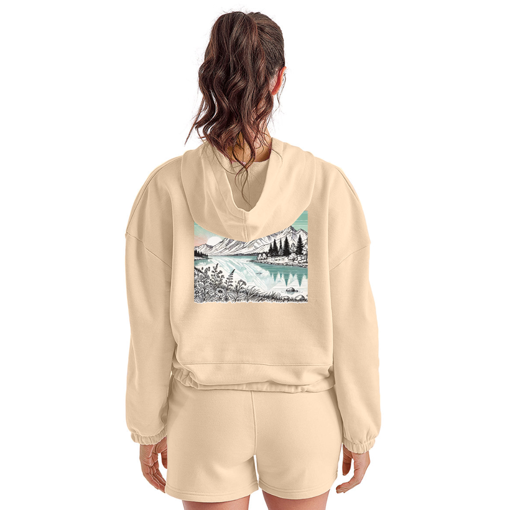 Women’s Colored Mountain Lake Landscape Graphic Cropped Hoodie with Logo - nude