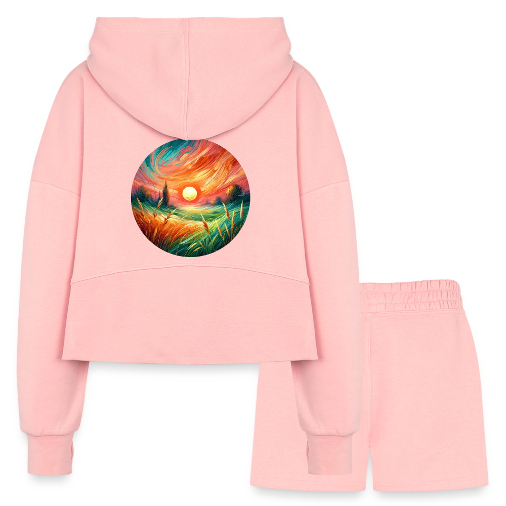 Women’s Pink Wheat Field Graphic Half Zip Cropped Hoodie & Jogger Short Set with Logo - light pink