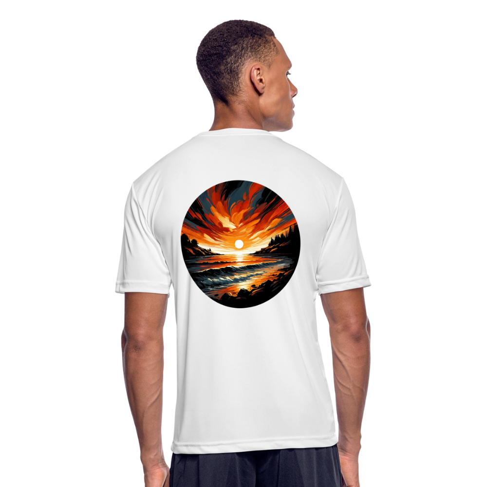 Men’s Beach Sunset Graphic Moisture Wicking Performance T-Shirt with Logo - white