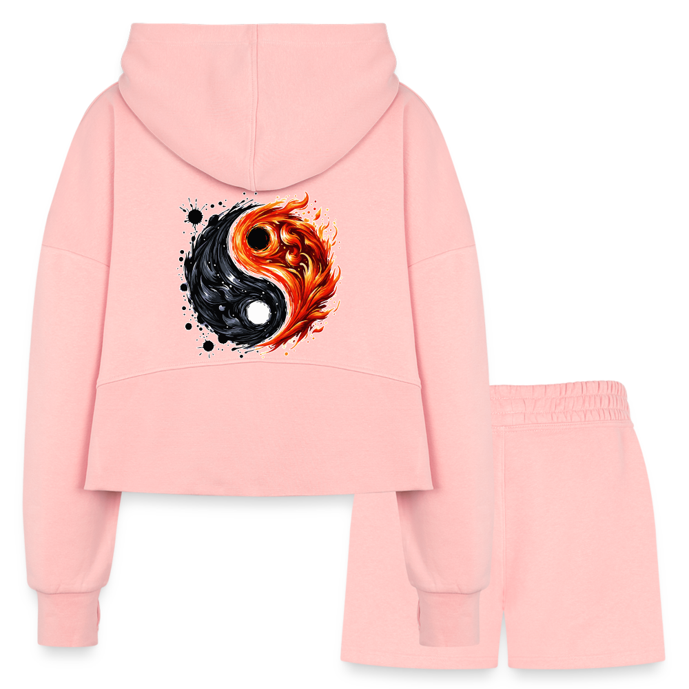 Women’s Official Ink and Ember  Yin and Yang Half Zip Cropped Hoodie & Jogger Short Set with Logo - light pink