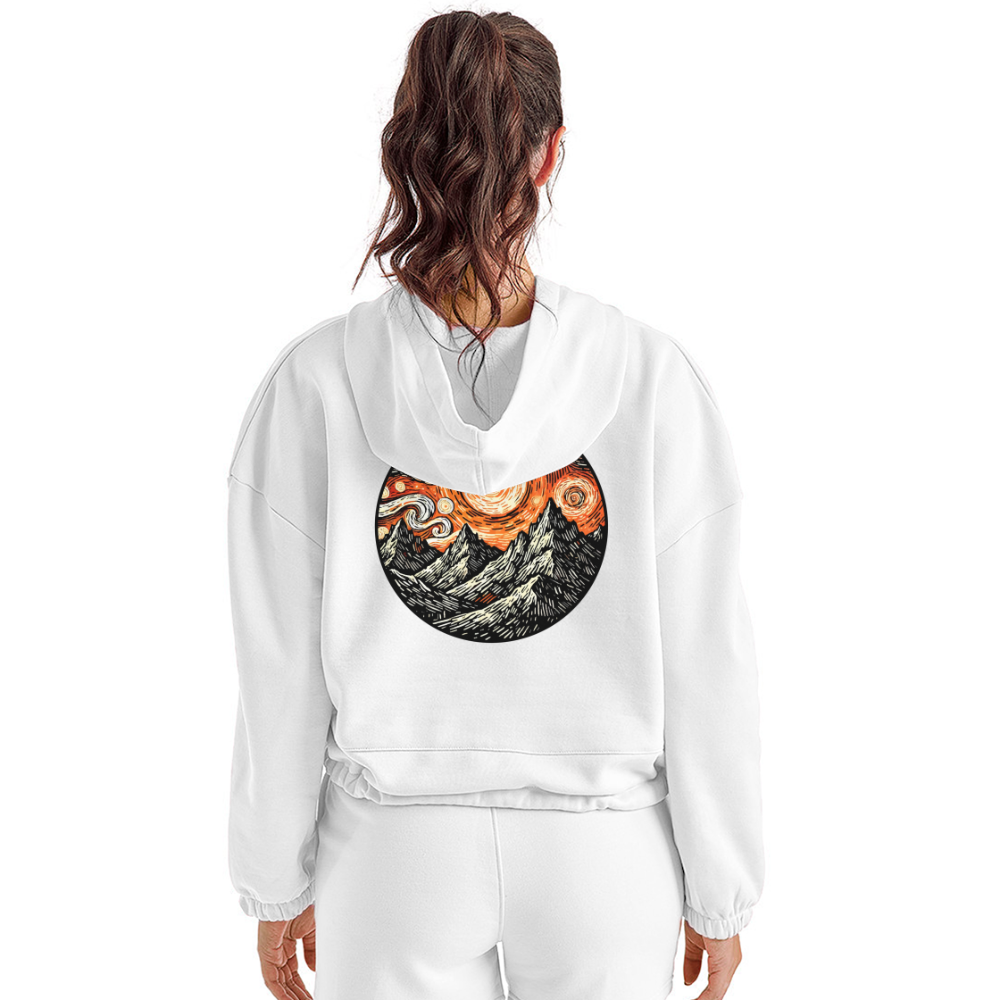 Women’s Orange Swirling Mountains Graphic Cropped Hoodie with Logo - white