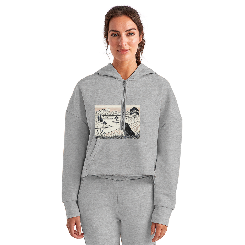 Women's Australian Shepherd Prairie Graphic Half Zip Cropped Hoodie with Logo - heather gray