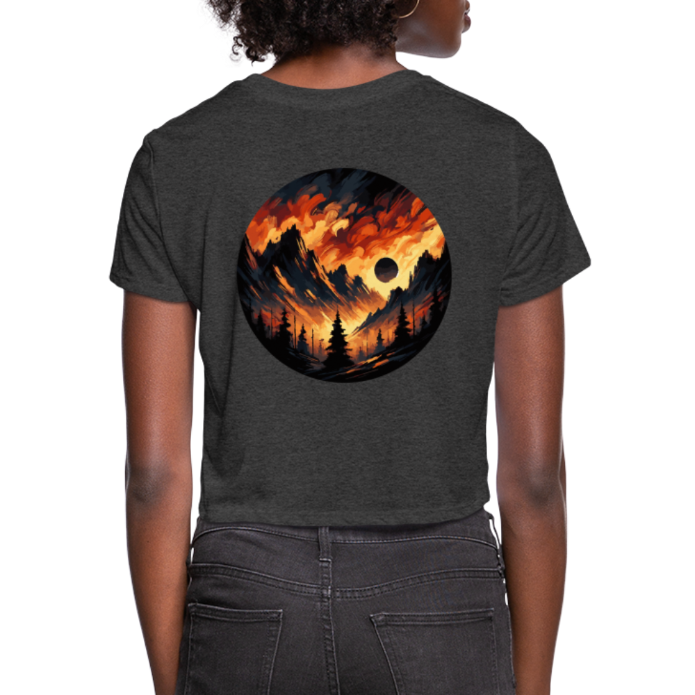 Women's Brushed Orange and Black Mountain Range Graphic Cropped T-Shirt with Logo - deep heather