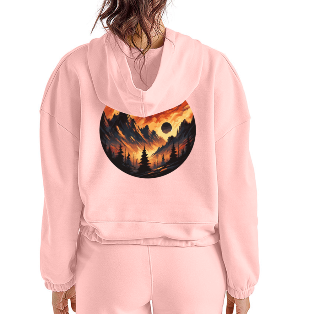 Women’s Brushed Orange and Black Mountain Range Graphic Cropped Hoodie with Logo - light pink