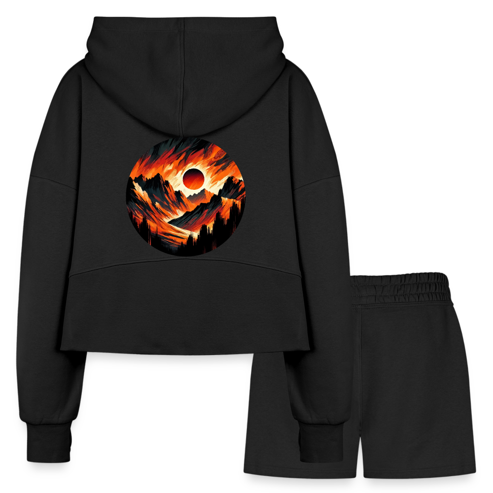 Women’s Orange and Black Mountain Range Graphic Half Zip Cropped Hoodie & Jogger Short Set with Logo - black