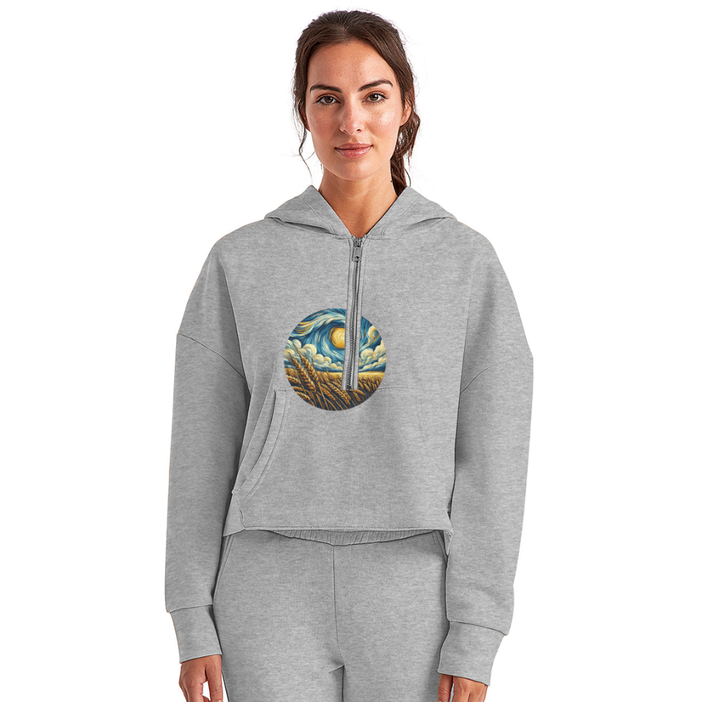 Women's Wheat Field Graphic Half Zip Cropped Hoodie with Logo - heather gray