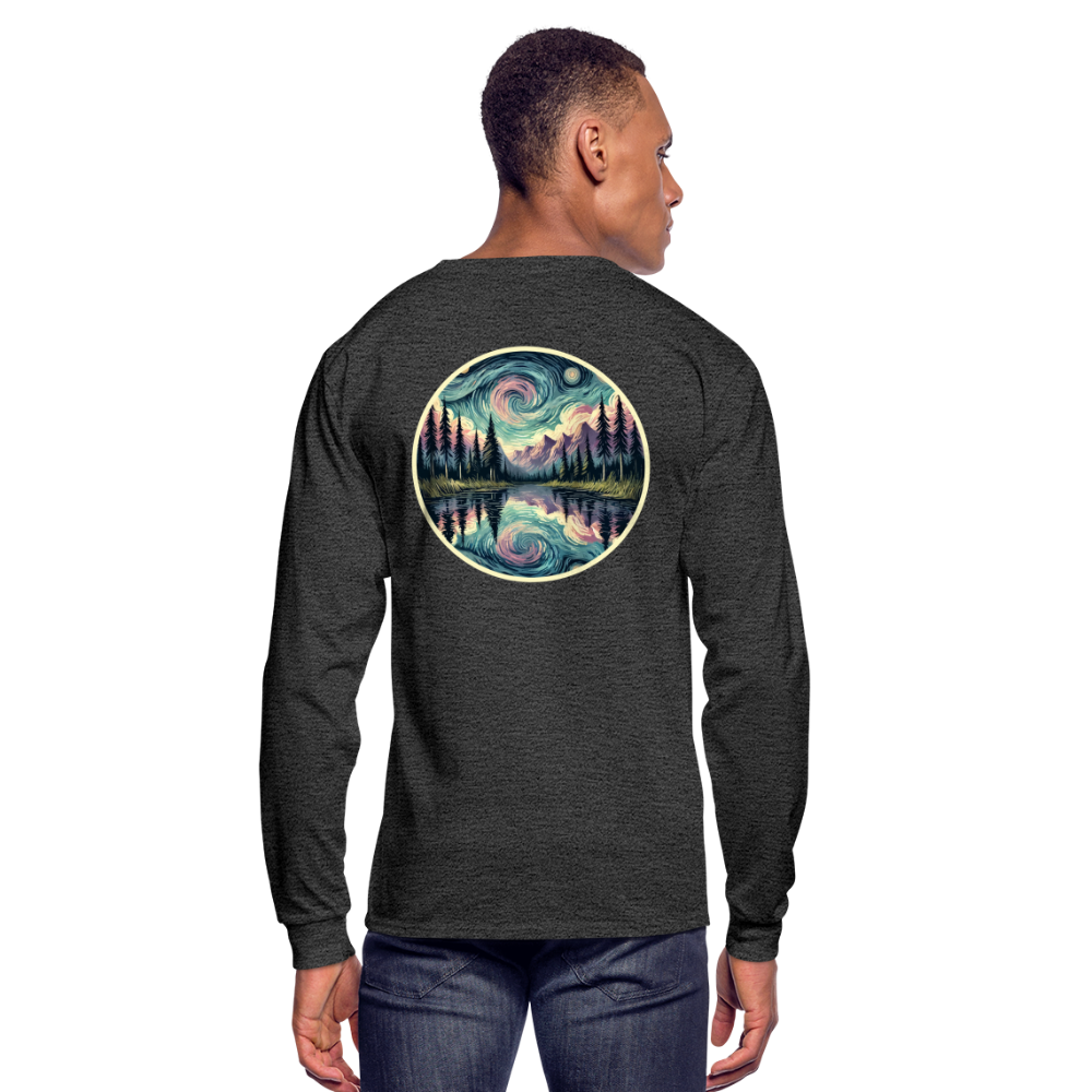 Men's Purple Swirling Sky Reflected on Lake Graphic Long Sleeve Shirt with Logo - heather black