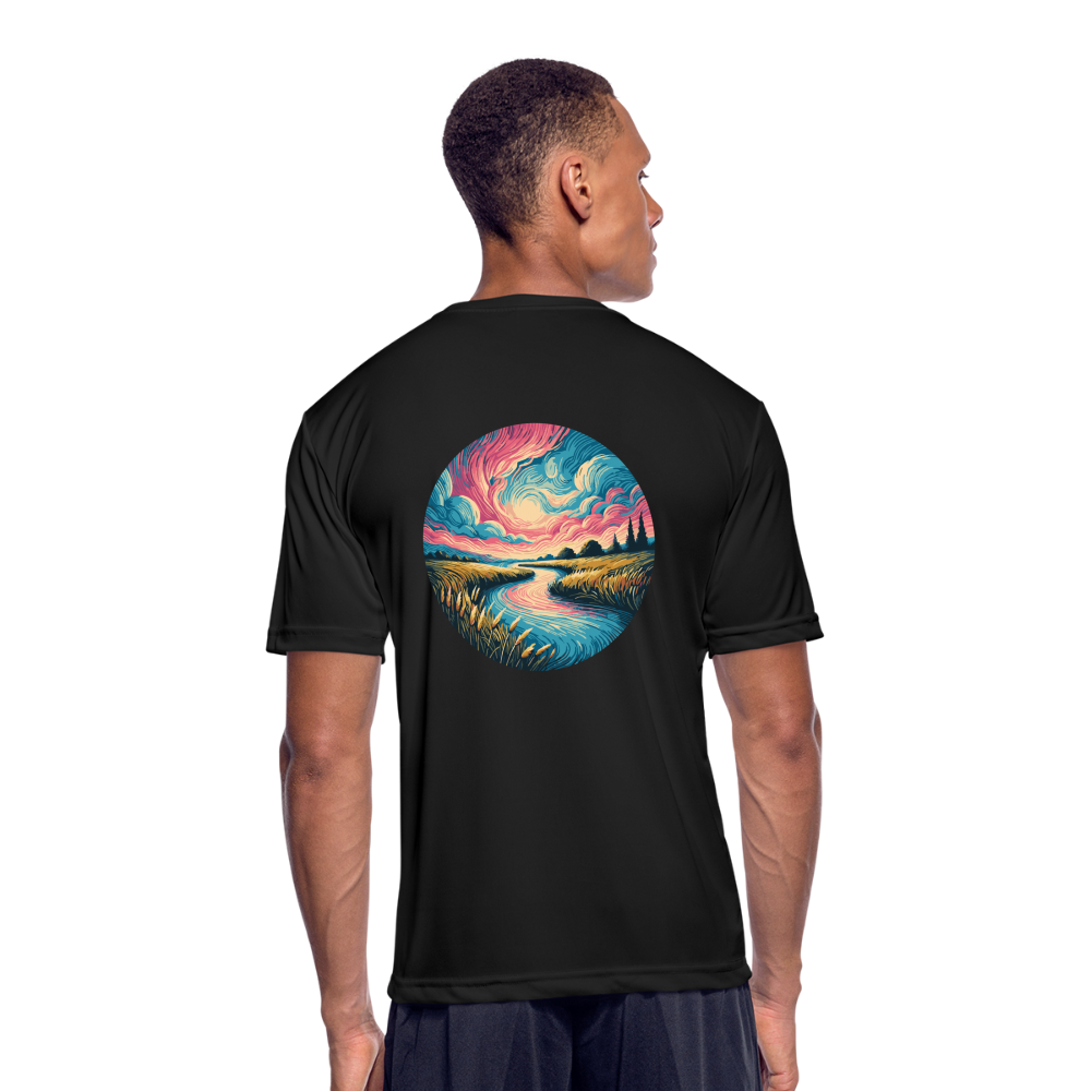 Men’s River Pink and Blue Sky Graphic Moisture Wicking Performance T-Shirt with Logo - black